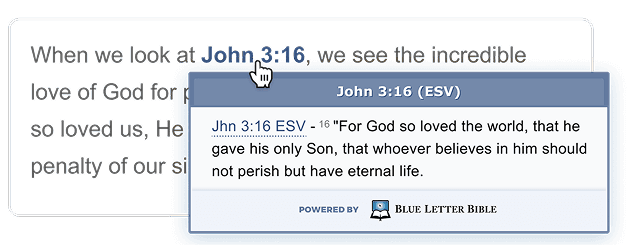 ScriptTagger preview showing a John 3:16 tooltip over text on a web page
