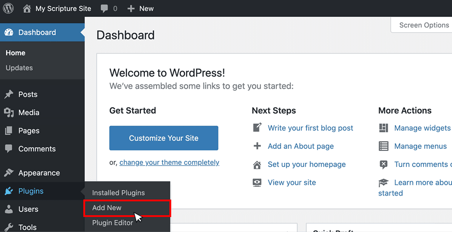 From the Dashboard, navigate to 'Plugins' then select 'Add New'