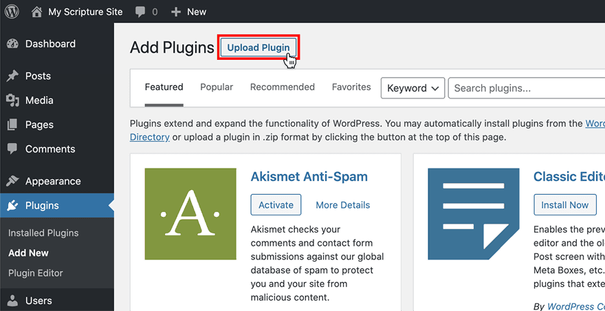 Select 'Upload Plugin' at the top